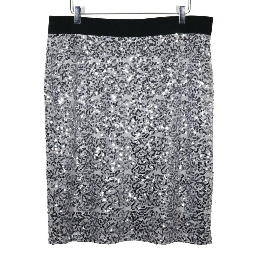 NWT Iman Sequins Pencil Skirt Size XL Silver Knee Length Elastic Waist Lined